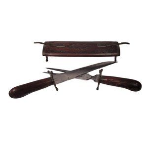 Vintage Carving Set Knife and Fork Carved Wooden Scabbard Sheath Made In India